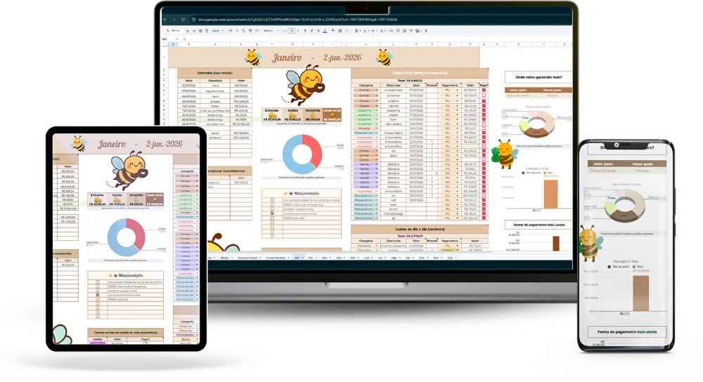 Planilha Mulher Organizada aberta no notebook, tablet e celular