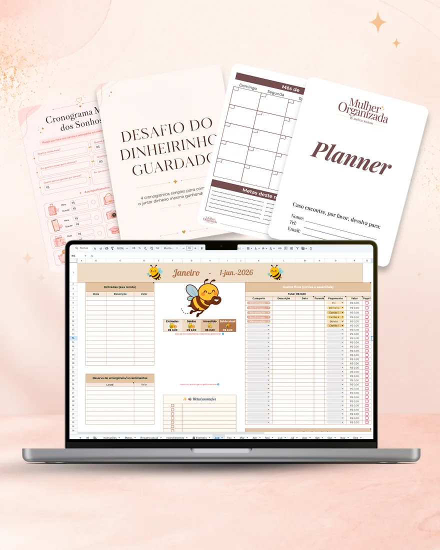 Materiais do Mulher Organizada: planner, desafio do dinheirinho e planilha financeira em uso